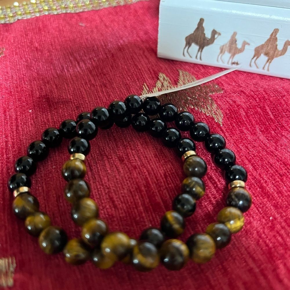 NWT Tiger's Eye and Black Bead 2 Stretch Bracelets #DILL1